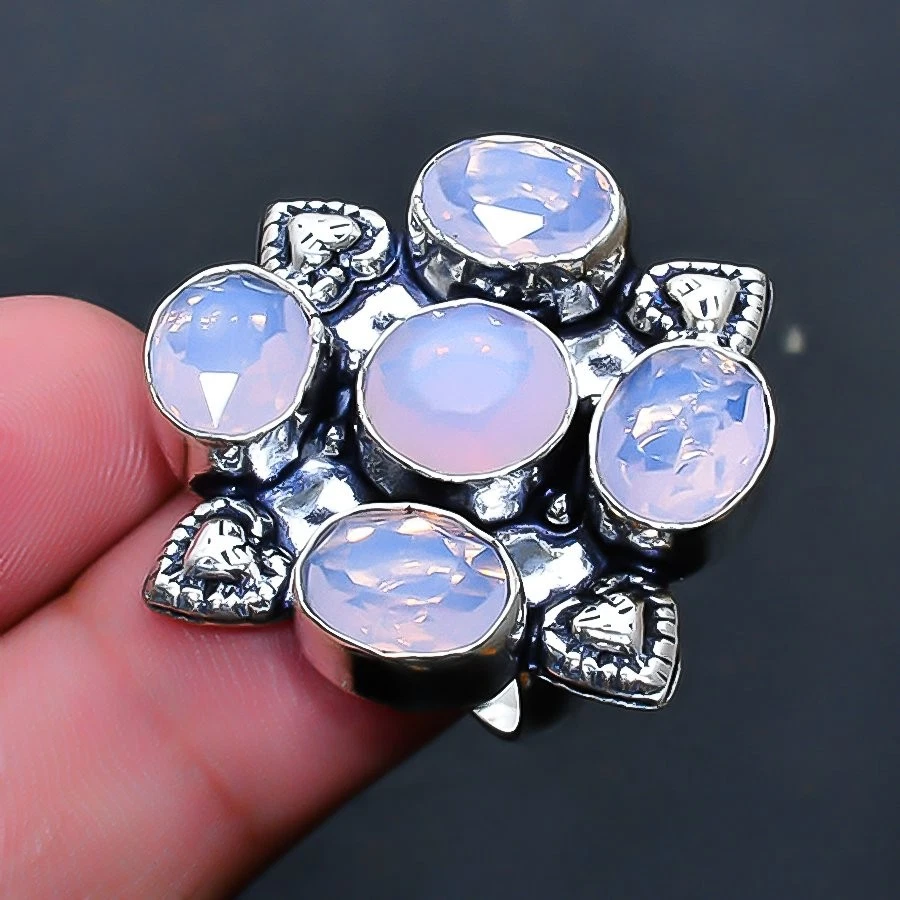 Ювелирное кольцо ручной работы с молочным опалом и драгоценными камнями размер США 8 - Изображение 1 из 1