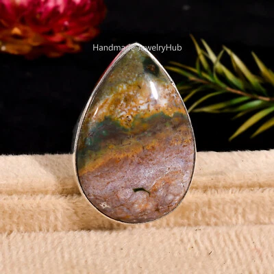 Кольцо ручной работы из стерлингового серебра 925 пробы с океанской яшмой на день рождения PL-1179 - Изображение 1 из 3