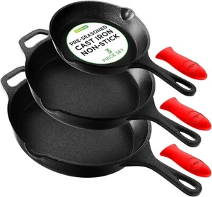 Nutrichef Nonstick Pans Set Cast Iron Skillet W/ Silicone Handle, 8", 10" & 12” - Picture 1 of 7