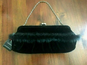 Mundi Women's Soft Evening Black Velour Clutch Purse with Rhinestones & Fringe - Picture 1 of 5
