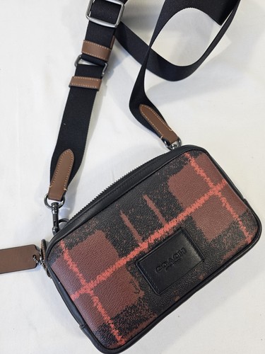 Tracolla telefono Coach nuova con finestra stampa plaid nero marrone