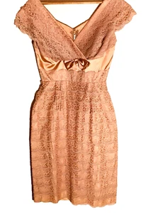 Dress Peach Lace Satin Belt Rhinestone Embellishment Lined Handmade Vintage - Picture 1 of 13