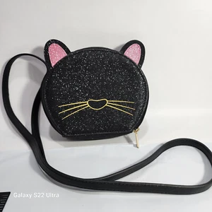 Gap Kids Black Cat Canteen Cross Body Purse Pink Ears Zippered Glitter - Picture 1 of 6