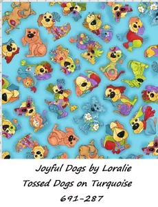 Joyful Dogs Cotton Quilt fabric BTY Loralie Tossed Dogs on Turquoise 691-287 - Picture 1 of 3