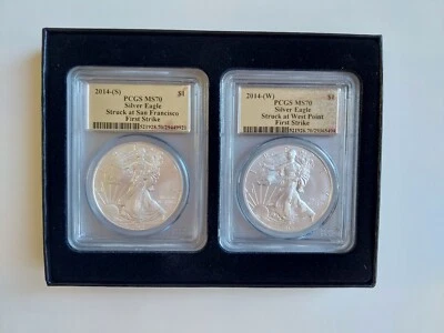2014 S &W PCGS MS70 American Silver Eagle First Strike 2 Coin Set Foil Label - Image 1 of 4