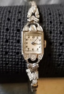 Antique 14k White Gold GLYCINE Deco Ladies Diamond Watch, 14k Diamond Band! Runs - Picture 1 of 12