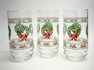 Indiana Glass Christmas Tumblers/Coolers Set of 3 Holly Wreaths Green/Red/Clear - Picture 1 of 8