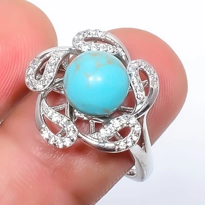Anillo de joyería enchapado en plata con piedras preciosas azul cobre turquesa y circonita cúbica ajustable (3 Foto 1 de 3