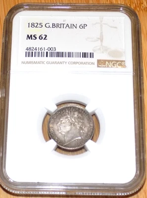 GREAT BRITAIN 1825 SILVER 6 PENCE NGC MS-62 UNC British 6P KM-691 England Coin - Image 1 of 4