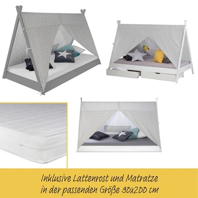 Kinderbett 90x200 mit Matratze Mädchen 2 Schubladen Junge Zelt Tipi Homestyle4u - Bild 1 von 4