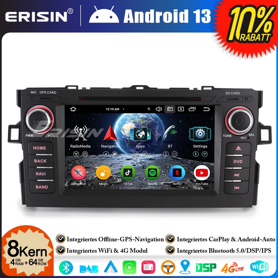 8-Kern 4GB+64GB CarPlay Android 14 GPS Autoradio Navi DAB+ Wifi für Toyota AURIS - Bild 1 von 4