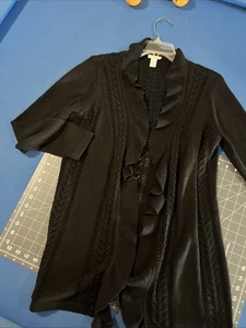 Chico’s Open Knit Cardigan Sweater Size 1 Black Draped Ruffled Open Front - Picture 1 of 9