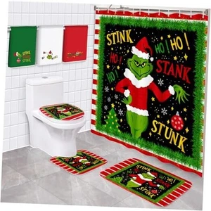 7Pcs Christmas Bathroom Sets Shower Curtain Rug Mat Toilet Lid Cover Towel - Picture 1 of 7