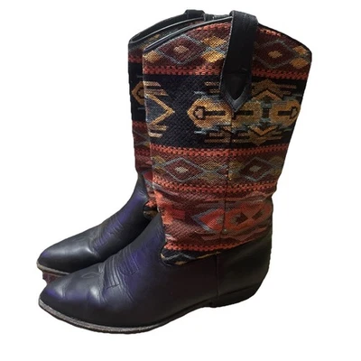 VTG Seychelles 90s Boho Western Black Leather Aztec Boots Size 9.5 Orange Yellow - Image 1 of 4
