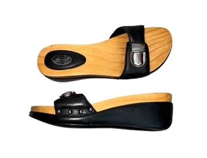 ORIGINAL Dr Scholl's Black Leather Wooden Slip On Shoes Exercise Sandals Sz 7 M - Picture 1 of 19