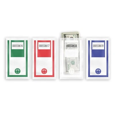 HERCULES INC. Cash Drop Bags - Clear Plastic Envelopes - 1,000/Case - Green, Red, White, Blue
