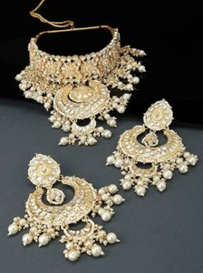 Juego de collar y pendientes gargantilla nupcial Kundan y perlas tono dorado para mujer - Imagen 1 de 6