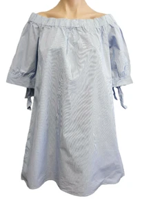 BNWT Womens Sz 16 NOW Off Shoulder Dress Blue White Stripe Cuff Sleeve With Ties - Imagen 1 de 2