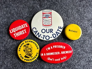 Vintage Lot of 5 Budweiser Spoof Campaign Pin Backs 1960’s "Our Can-To-Date" - Bild 1 von 15
