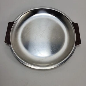 Vintage MCM Stainless Steel Danish Round Serving Tray Teak Handles 9" - Picture 1 of 3