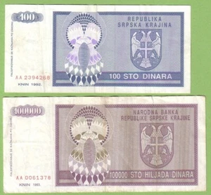 Croatia - Knin - Lot - 2 banknotes - 1992 - VF Paper Money Currency Bill - Picture 1 of 2