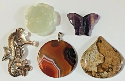 Lote de 5 colgantes Mat'l mixtos--colgantes de jaspe, fluorita, jade, concha --de-stash Foto 1 de 4