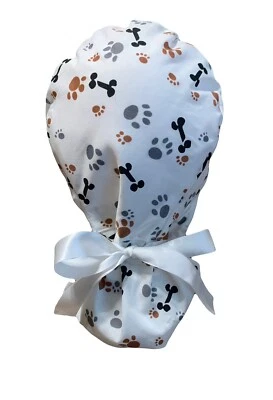 Dog Bones Paws Nurse SATIN LINED Scrub Cap Ponytail Hat Long Hair Protection - Image 1 of 4