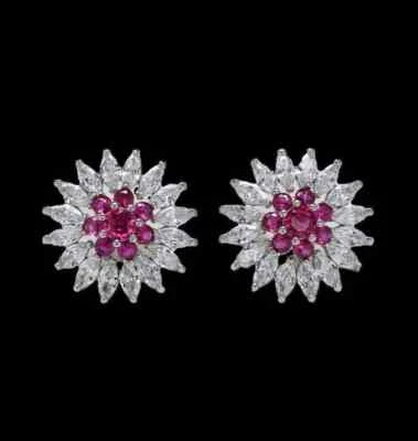 925 Sterling Silver 5mm Ruby White Sapphire 3/4'' Earrings Gemstone - Image 1 of 2