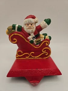 Vtg Solid Cast Iron Santa Claus In Sleigh Christmas Stocking Holder Hanger - Picture 1 of 6