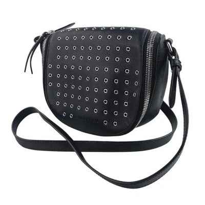 Burberry Black Eyelet Leather Metal Studded Zip Adjustable Crossbody Handbag OS - Image 1 of 4
