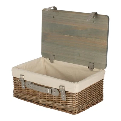 46cm Antique Wash White Lined Willow Empty Picnic Basket with Pinewood Lid - Image 1 of 4