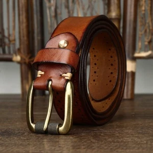 Men Hollow Leather Belt Solid Brass Buckle Waistband for Pants Jeans Trousers - Picture 1 of 16
