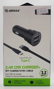 Esoulk 2.4A Dual USB Car charger, With 5ft USB A to C Fast Charging Cable - Picture 1 of 8