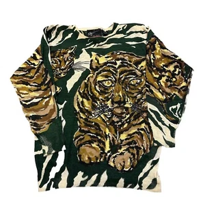 OLEG CASSINI ALL OVER PRINT TIGER BIG CAT LONG SLEEVE SWEATER SHIRT S GREEN (66) - Picture 1 of 5