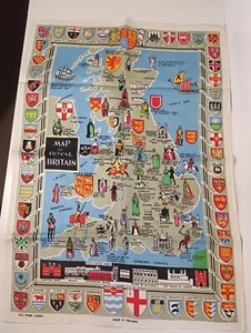Map of Royal Britain Vintage Souvenir Tea Towel Pure Linen Collectable - Picture 1 of 6