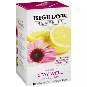 Bigelow Benefits STAY WELL Lemon & Echinacea Herbal Tea Caffeine Free 18 Ct. - Picture 1 of 5