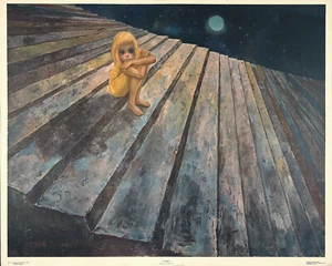 MARGARET D.H. KEANE Vintage c1963 Lrg Format "BIG EYES" Halbton Litho ALONE - Bild 1 von 1