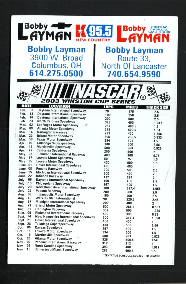 NASCAR Winston Cup 2003 calendario magnético Bobby Layman Chevrolet Columbus Ohio Foto 1 de 1