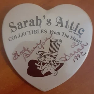 Signed Sarah's Attic Collectibles Button Pin Pinback Heart Shaped 1992 figurines - Picture 1 of 2