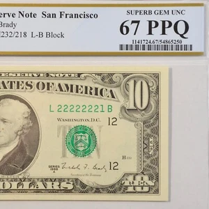 $10 Fancy Serial Note 7 In A Row Near Solid Series 1988A PCGS 67PPQ - L22222221B - Picture 1 of 4