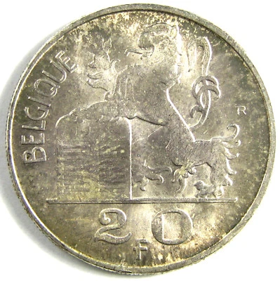 1954 Belgium 20 Francs (French)  Km# 140.1  Silver  Nearly Uncirculated - Image 1 of 2