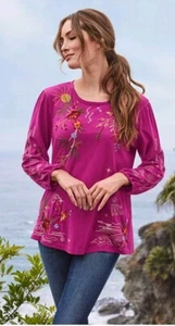 Johnny Was Keone Puff Sleeve Tee Shirt Embroidered Grape/Magenta Womens Small - Picture 1 of 14