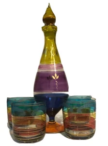 Euroglass Hand Made Multicoloured Decanter And 4 Goblets Set Made In Romania NEW - Picture 1 of 11