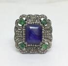 Antique Design Sapphire, Emerald Gemstone 925 Silver Pave Diamond Ring