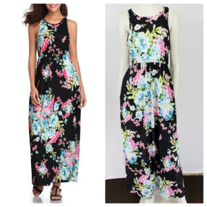 Maxi Vestido Acanalado Sin Mangas Estampado Floral con Bolsillos - Negro - PEQUEÑO - Imagen 1 de 9