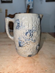 Primitive Whites Utica Salz glasierter Krug Kobalt Blätter Blumen flämische Ware - Bild 1 von 9