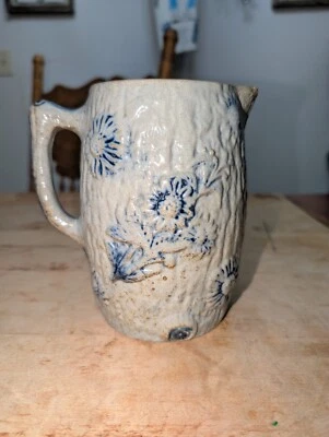 Primitive Whites Utica Salt Glazed Pitcher Cobalt Leaves Flowers Flemish Ware - Image 1 of 4
