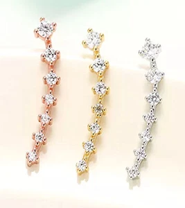 14K Gold Plated Ear Crawler Climber Earrings Cubic Zirconia - Picture 1 of 10