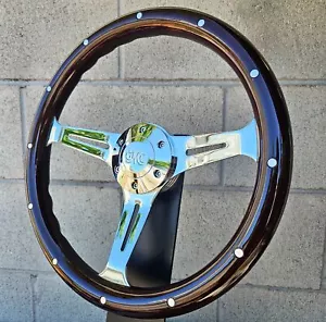 14" Chrome Steering Wheel w/ Dark Wood Grip, Chrome Retro GMC Horn, and Adapter - Foto 1 di 7
