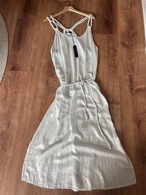 Vestido Tahari Blanco Plata Brillante Abertura Lateral Mezcla de Lino Cuerda Cinturón Bolsillos XL NUEVO CON ETIQUETAS Foto 1 de 4